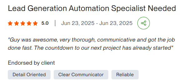 Five-star Upwork review for lead generation automation work